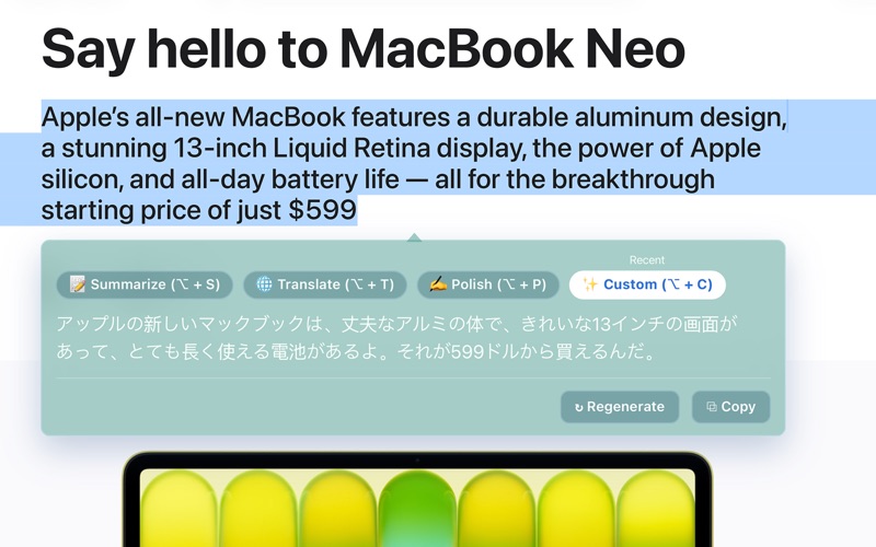 PageAssist AI translating selected webpage text in Safari